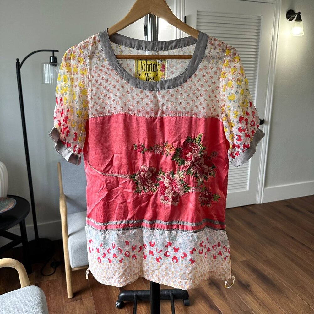 Womens Johnny Was Mixed Print Embroidered Floral Dainty Blouse S EUC